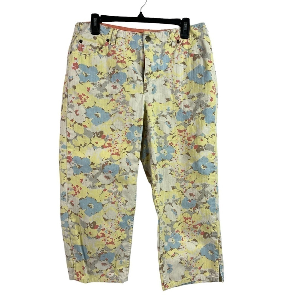 Liz Claiborne Womens Michaela Cropped Capri Pants Yellow Floral Size 12